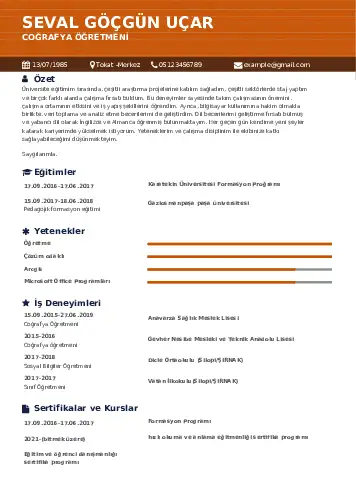 Coğrafya Öğretmeni CV Örnekleri cv indir
